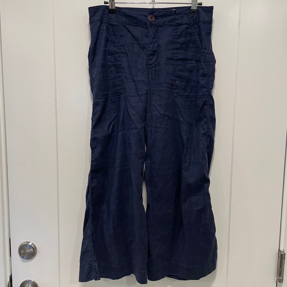 Level 99 Navy Blue Wide Leg Linen Blend Trousers Size 27 NL2D88 Casual Chic